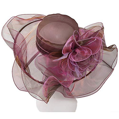 Women Oganza Sun Hat Church Wide Brim Wedding Formal Fascinator Hat - color: Plum & Purple