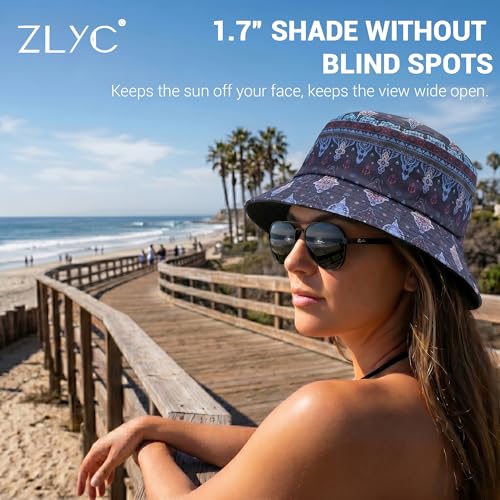 ZLYC Printed Bucket Hat for Women Men Packable Summer Sun Hat for Beach - color: Boho Navy