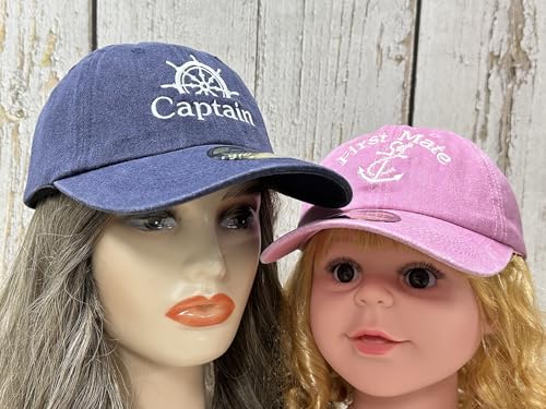 Embroidered Captain & First Mate Baseball Caps Set for Men Women - color: Captain (Navy) - Toddler First Mate (Pink)
