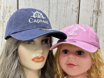 Embroidered Captain & First Mate Baseball Caps Set for Men Women - color: Captain (Navy) - Toddler First Mate (Pink)
