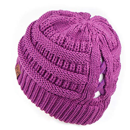 C.C Exclusives Soft Stretch Cable Knit Messy Bun Ponytail Beanie Winter Hat for Women (MB-20A) - color: 0 Criss-cross Magenta Purple
