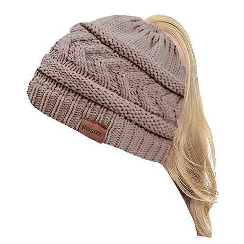Rosoz 2 Pack Ponytail Beanie for Women,Winter Warm Beanie Tail Soft Stretch Cable Knit Messy High Bun Hat - color: 1pack-khaki