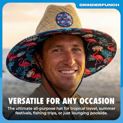 grinderPUNCH Straw Sun Hat for Men Women Wide Brim Beach Fishing UPF 50 - color: Flamingo Palm