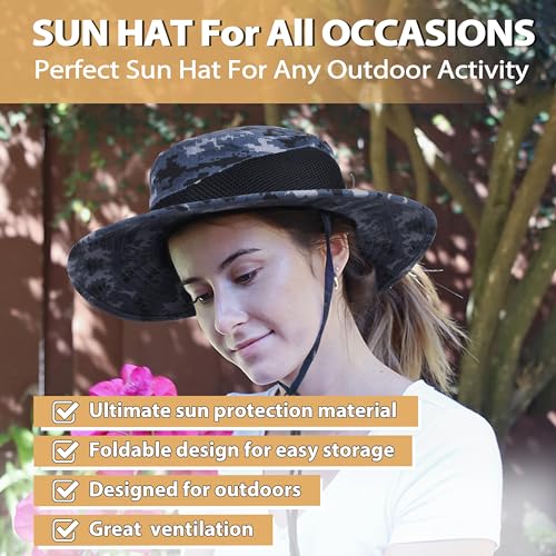 Tirrinia Sun Hats for Women, Wide Brim Hat with Ponytail Hole - color: Grey Digital Camo