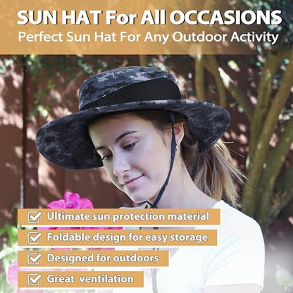 Tirrinia Sun Hats for Women, Wide Brim Hat with Ponytail Hole - color: Grey Digital Camo
