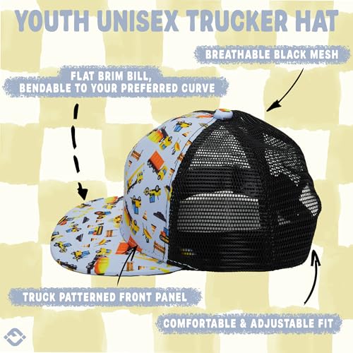 Funky Junque Kids Trucker Hat Toddler Boys & Girls Flat Brim Baseball Cap - color: Construction Print, size: 0-12 Months