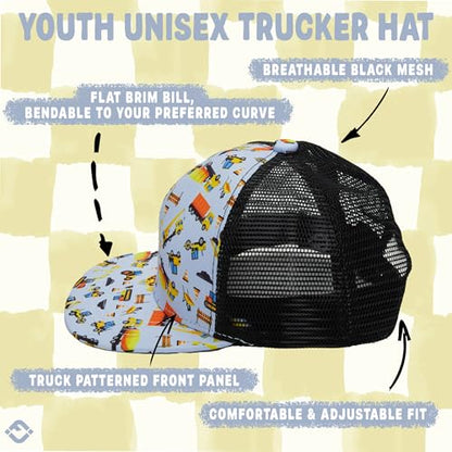 Funky Junque Kids Trucker Hat Toddler Boys & Girls Flat Brim Baseball Cap - color: Construction Print, size: 0-12 Months