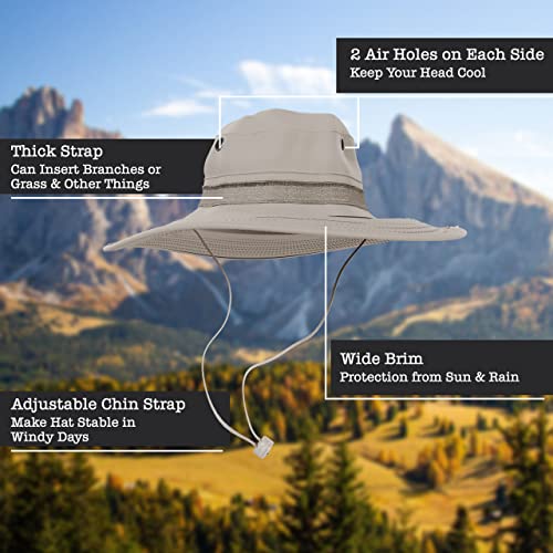 BaHoki Essentials Military Style Bucket Hat - Camo Outdoor Hat with Adjustable Strap - Wide Brim Safari Hat - style: Khaki