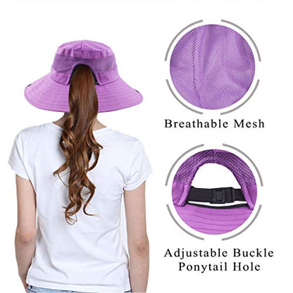 Muryobao Women's Ponytail Sun Hat UV Protection Foldable Mesh Wide Brim Beach Fishing Hat - color: Pure Purple