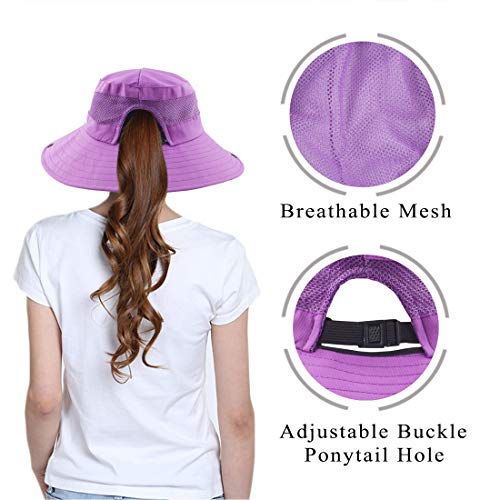 Muryobao Women's Ponytail Sun Hat UV Protection Foldable Mesh Wide Brim Beach Fishing Hat - color: Pure Purple