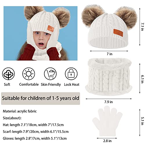 Kids Winter Beanie Hat Scarf Gloves Set,Toddlers Knit Winter Warm Double Pompom Cap Scarf Gloves for Girls Boys 1-5 Years Old - color: White