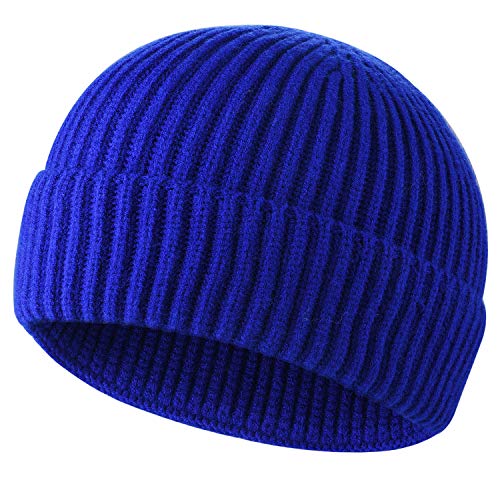 ROYBENS Swag Wool Knit Cuff Short Fisherman Beanie for Men Women Winter Hat - color: 1pcs-blue