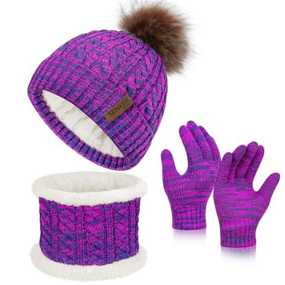 Kids Winter Hat Gloves Scarf Set, Boys and Girls Beanie Hat - color: Pink Purple