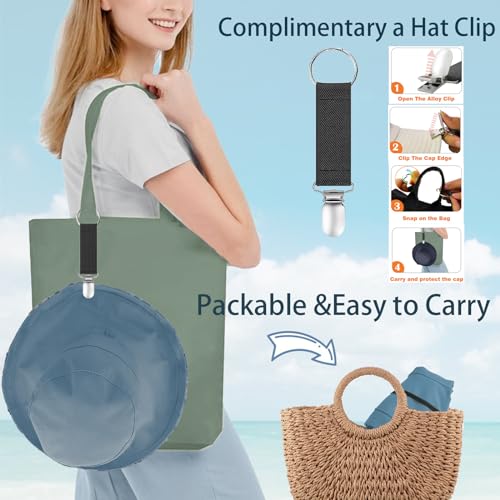 vidsel Womens Sun Hats Wide Brim Reversible Bucket Cotton Hat with Hat Clip - color: Navy Blue, size: Medium