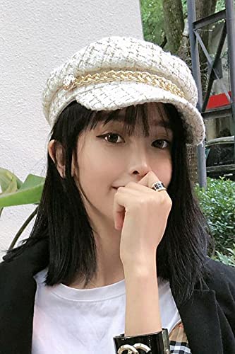 Women Plaid-Tweed Newsboy-Baker-Boy Hat Captain-Sailor Fisherman Hat Peaked-Beret with Chain - color: White
