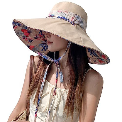 6" Extra Wide Brim Sun Hats UPF 50+ UV Protection Packable Beach Hat Strap Women - color: Khaki