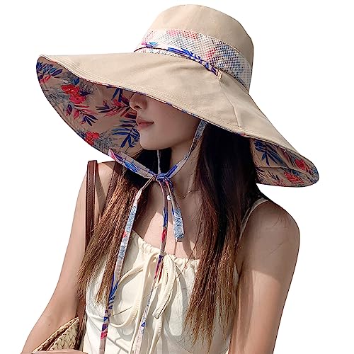 6" Extra Wide Brim Sun Hats UPF 50+ UV Protection Packable Beach Hat Strap Women - color: Khaki