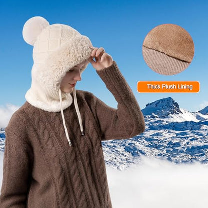 HUAMULAN Women Cable Knit Balaclavas Winter Fleece Lined Beanie Hat - color: Beige With String