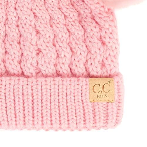 C.C Kids' Cable Knit Double Pom Beanie for Kids - Comfortable Soft Warm Children Skully Hat with Pom - color: Matching Faux Fur Pom Pale Pink