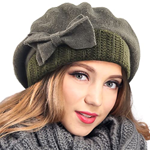 VECRY Women's 100% Wool Bucket Hat Felt Cloche Beret Dress Winter Beanie Hats - color: Beret-green