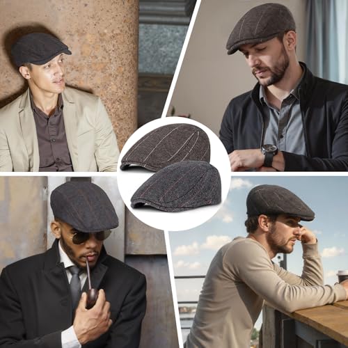 Senker Fashion 2 Pack Newsboy Cap for Men, Wool Blend Tweed Flat Cap - color: Black Brown