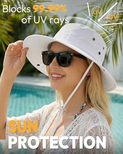 Women Sun Hat with Ponytail Hole Wide Brim Bucket Sun Protection for Summer - color: White