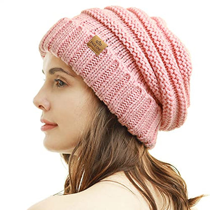 Womens Winter Beanie Warm Knit Hat Cable Stretch Trendy Ribbed Chunky Cap - color: Pink