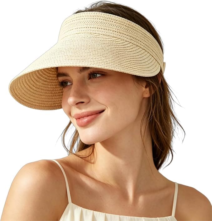 Straw Sun Visors Womens, Ponytail Beach Straw Visor, Packable Summer Sun Hats for Women Travel - color: Beige