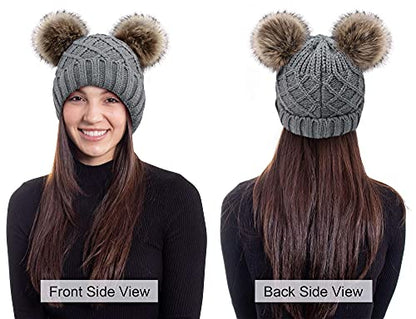Arctic Paw Womens Winter Hat Cable Knit Beanie for Women Faux Fur Pompom Ears - color: Grey_grid