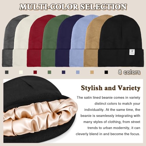 Satin Lined Winter Beanie Hat, Unisex Soft Knit Warm Skull Cap - color: Black