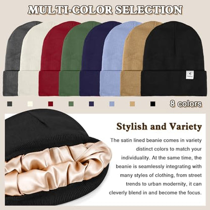 Satin Lined Winter Beanie Hat, Unisex Soft Knit Warm Skull Cap - color: Black