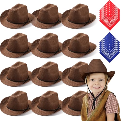 SATINIOR 12 Set Kids Cowboy Hats Bulk with Bandanas - color: Coffee