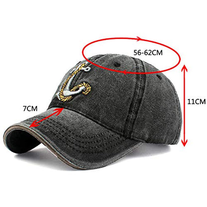 Anchor Embroidered Cotton Washed Dad Hat Distressed Retro Baseball Hat - color: Black