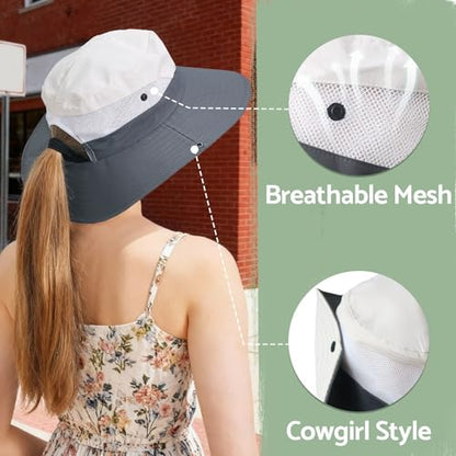 NPQQUAN Ponytail Sun Hats for Women UPF 50+ Wide Visor UV Protection Hat - color: Lightgrey/Grey (Ponytail Hole)