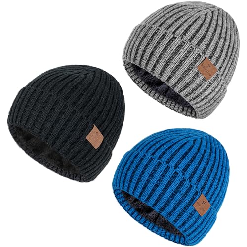 HONGTEYA 3 Pack Winter Beanie for Men Women, Thicken Thermal Plush Lined Beanie Fashion Warm Knit Hat for Cold Weather - color: Black+gray+blue