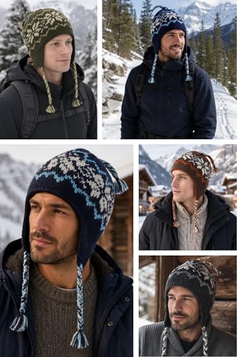 THE COLLECTION ROYAL Woolen Fleece Lined Fair Isle Knitted String Ear Flap Beanie Sherpa Christmas Beanie Hat - color: Grey