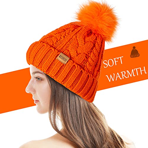REDESS Women Winter Pompom Beanie Hat with Warm Fleece Lined Thick Slouchy Snow Knit Hat Skull Ski Cap - color: Orange