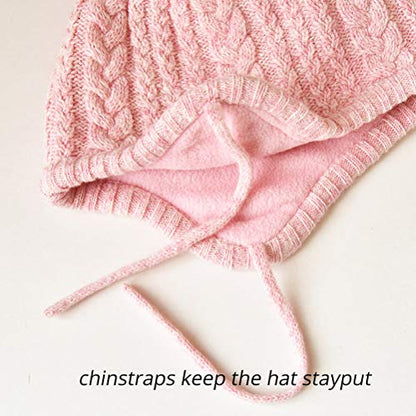 Toddler Baby Boys Girls Winter Hat Kids Ear Flap Warm Fleece Lined Knit Beanie Fur Pom Hat - color: Pink With Faux Fur Pompom, size: 2-6 Years
