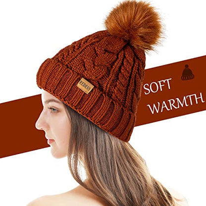 REDESS Women Winter Pompom Beanie Hat with Warm Fleece Lined Thick Slouchy Snow Knit Hat Skull Ski Cap - color: Caramel Color