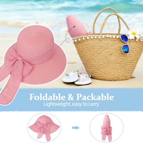 DRESHOW Sun Hats for Women Summer Wide Brim Beach Straw Hat Bowknot Bucket Hats Foldable Floppy Beach Sun Hat UPF 50+ - color: 1 Pack Bowknot Ribbon Hat: Pink