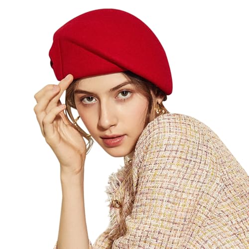 Wedding Hats for Women Vintage Wool Felt Berets Ladies Pearl Fascinator Autumn Winter Cap Bow Church Fedoras - color: Red 2