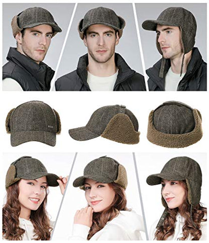 TOP-EX Oversized XL/XXL Unisex Wool Blend Winter Trapper Hat Baseball Cap Fleece Earflaps Fleece Lined - color: Brown(fleece), size: Large