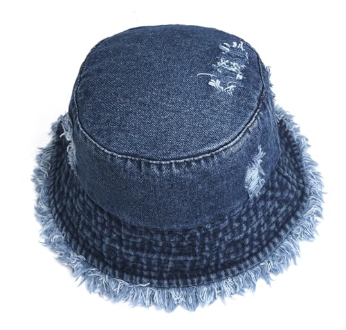 Denim Bucket Hat for Women Ripped Sun Hat Outdoor Cap - color: Dark Blue