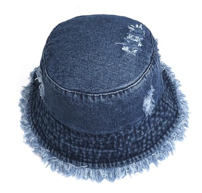 Denim Bucket Hat for Women Ripped Sun Hat Outdoor Cap - color: Dark Blue