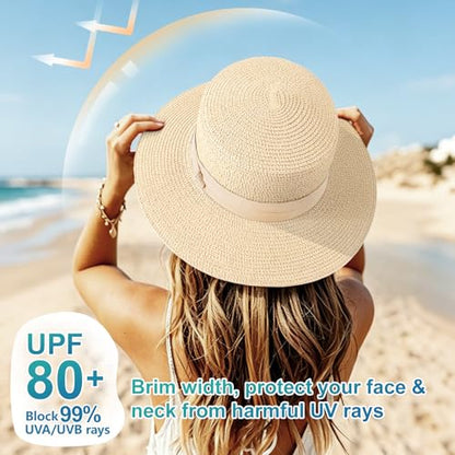 DRESHOW Women Straw Panama Hat Travel Fedora Beach Sun Hat Summer Wide Brim Straw Roll up Hats UPF 50+ - color: 1 Pack Boater Hat: Light Beige With Beige Band