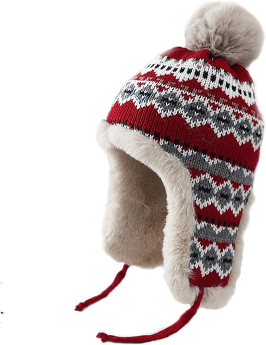 Holiberty Womens Winter Knit Beanie Hat Ladies Fur Pom Poms Ears Warm Slouchy Snow Ski Cap Fleece Thermal Ushanka Trapper Hat - color: Red, Jacquard Pattern