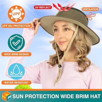SUN CUBE Wide Brim Sun Hat for Men Women UPF 50+ UV Protection Safari Boonie Hat with Chin Strap, Pocket, Fishing Hiking Hat - color: Olive
