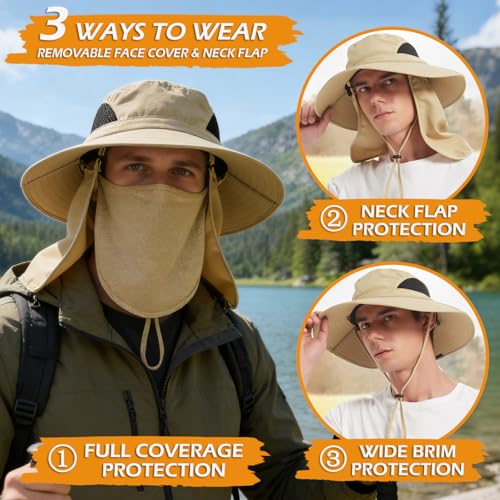 Wide Brim Sun Bucket Hat, Waterproof Boonie Hat for Men & Women - color: 07 Khaki (Full Coverage)