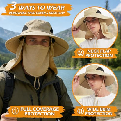 Wide Brim Sun Bucket Hat, Waterproof Boonie Hat for Men & Women - color: 07 Khaki (Full Coverage)