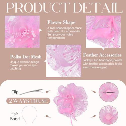 Zando Kentucky Fascinators Hats for Women Derby Tea Party Hat Flower Mesh Feathers Headband Headwear Hair Clip Girls - color: B Pink